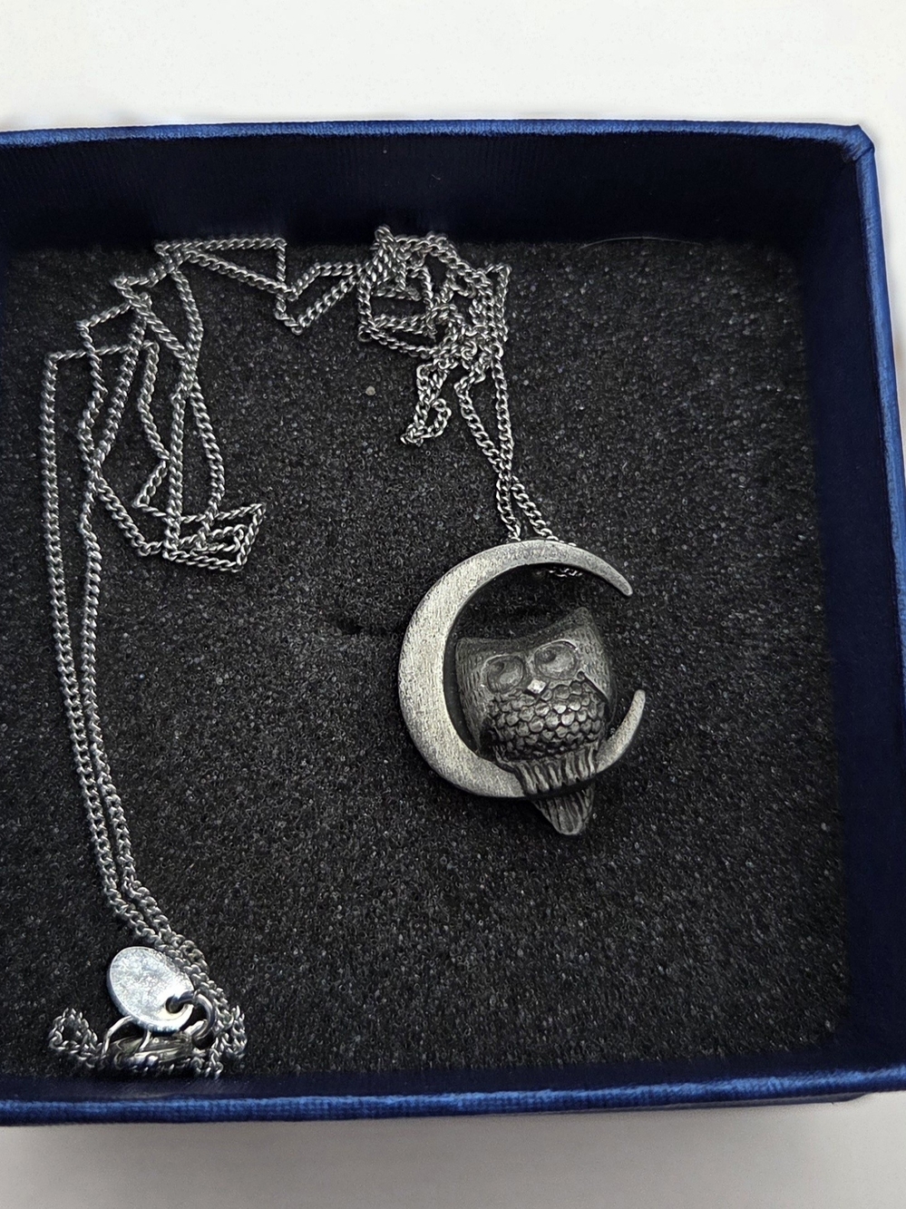 Vintage Owl Peeched on Crescent Moon Silvsr Necklace